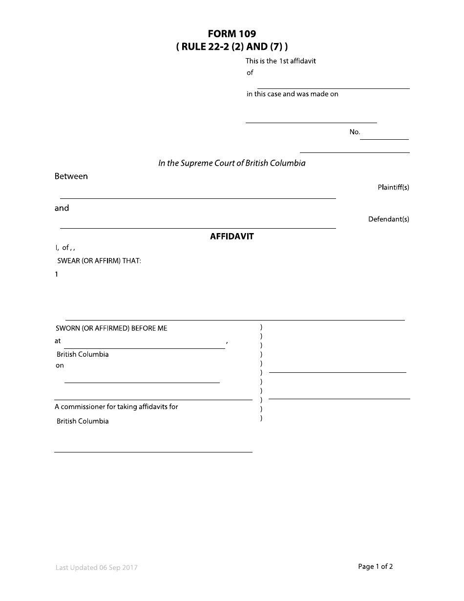 Form 109 Affidavit - British Columbia, Canada, Page 1