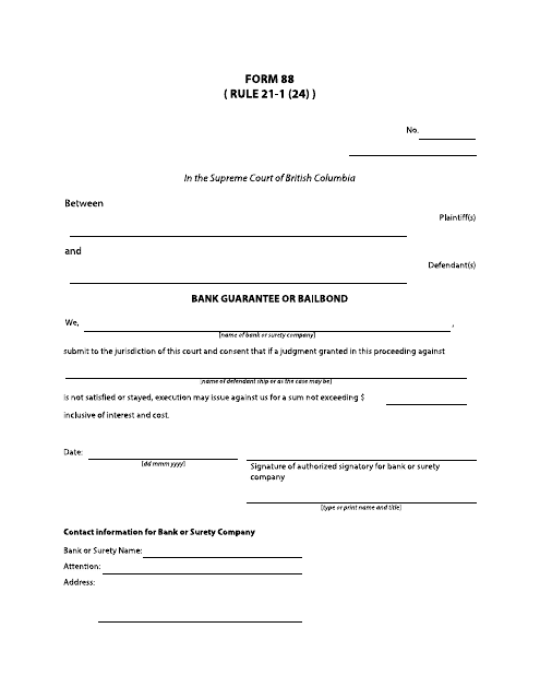 Form 88 Bank Guarantee or Bailbond - British Columbia, Canada