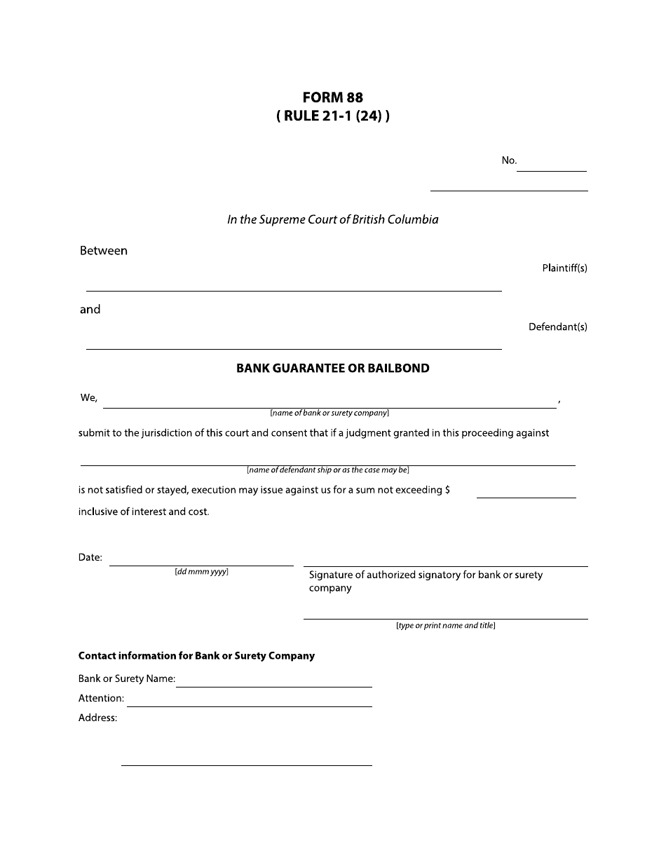Form 88 Bank Guarantee or Bailbond - British Columbia, Canada, Page 1