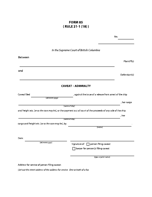 Form 85 Caveat - Admiralty - British Columbia, Canada