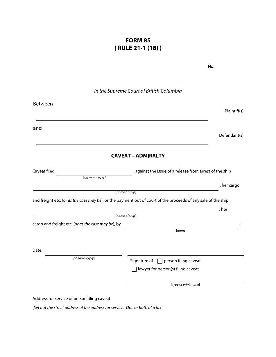 Form 85 Caveat - Admiralty - British Columbia, Canada, Page 1