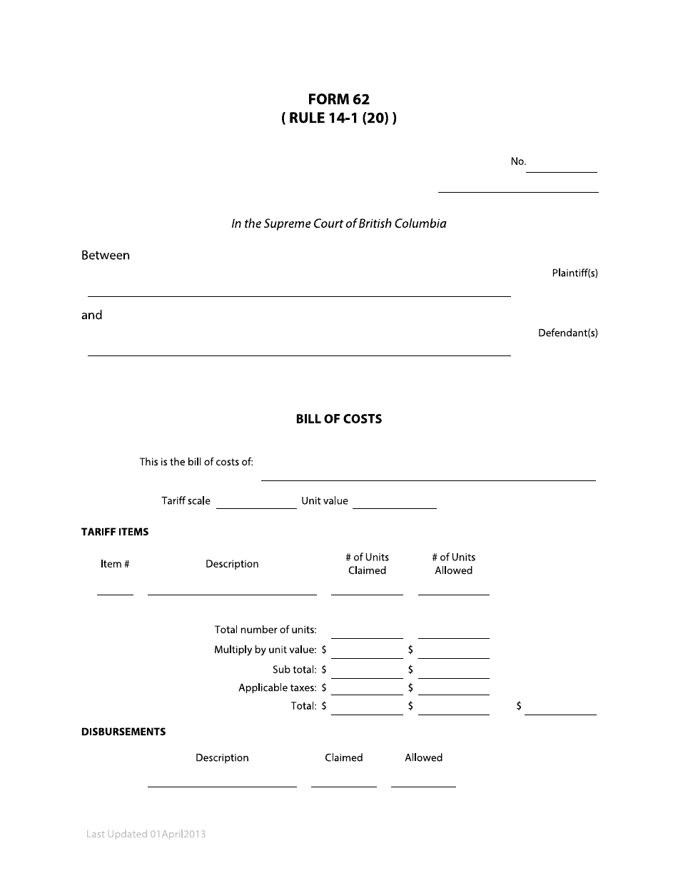 Form 62 Bill of Costs - British Columbia, Canada, Page 1
