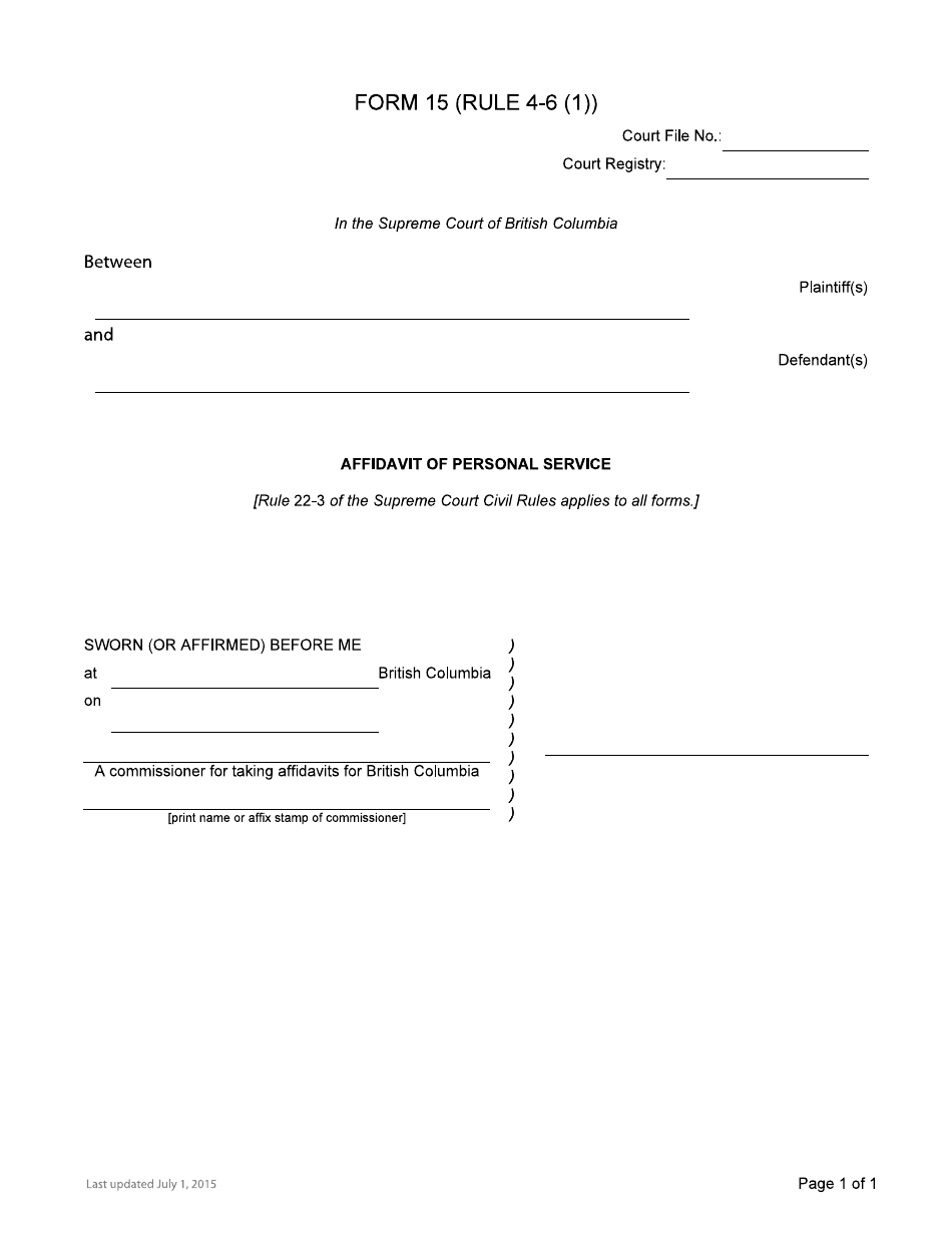 Form 15 Affidavit of Personal Service - British Columbia, Canada, Page 1