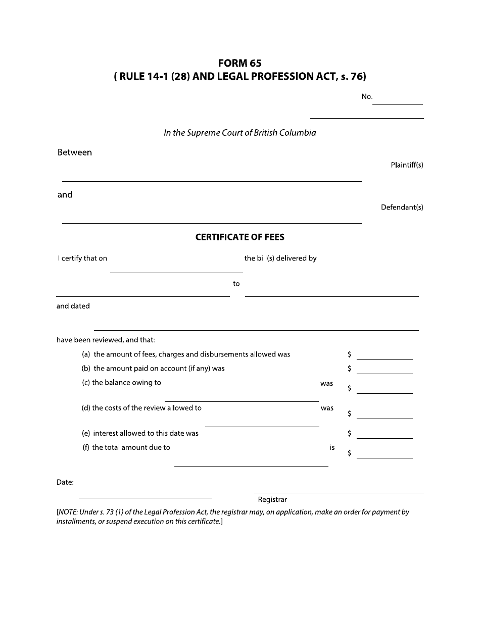 Form 65 Certificate of Fees - British Columbia, Canada, Page 1