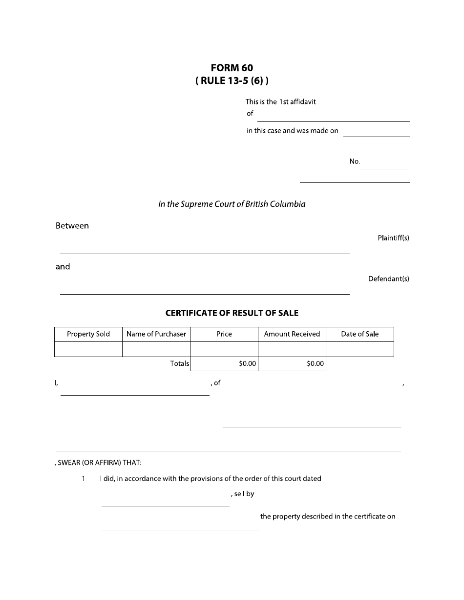 Form 60 Certificate of Result of Sale - British Columbia, Canada, Page 1