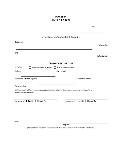 Form 64 Certificate of Costs - British Columbia, Canada