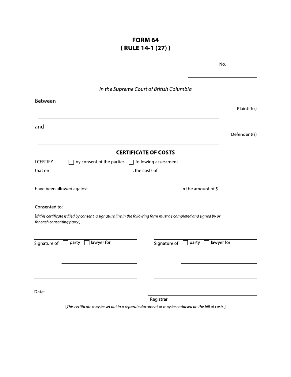 Form 64 Certificate of Costs - British Columbia, Canada, Page 1