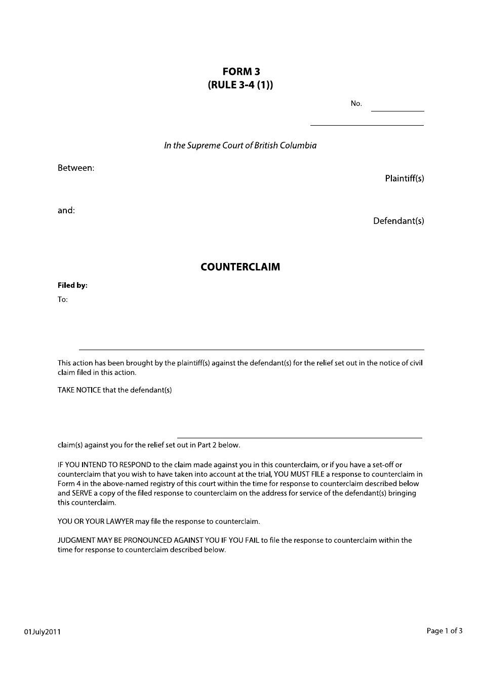 Form 3 Counterclaim - British Columbia, Canada, Page 1