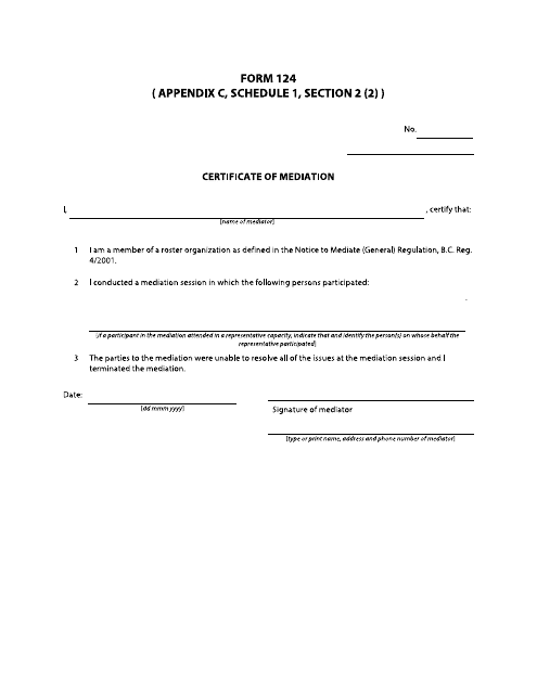 Form 124 Certificate of Mediation - British Columbia, Canada