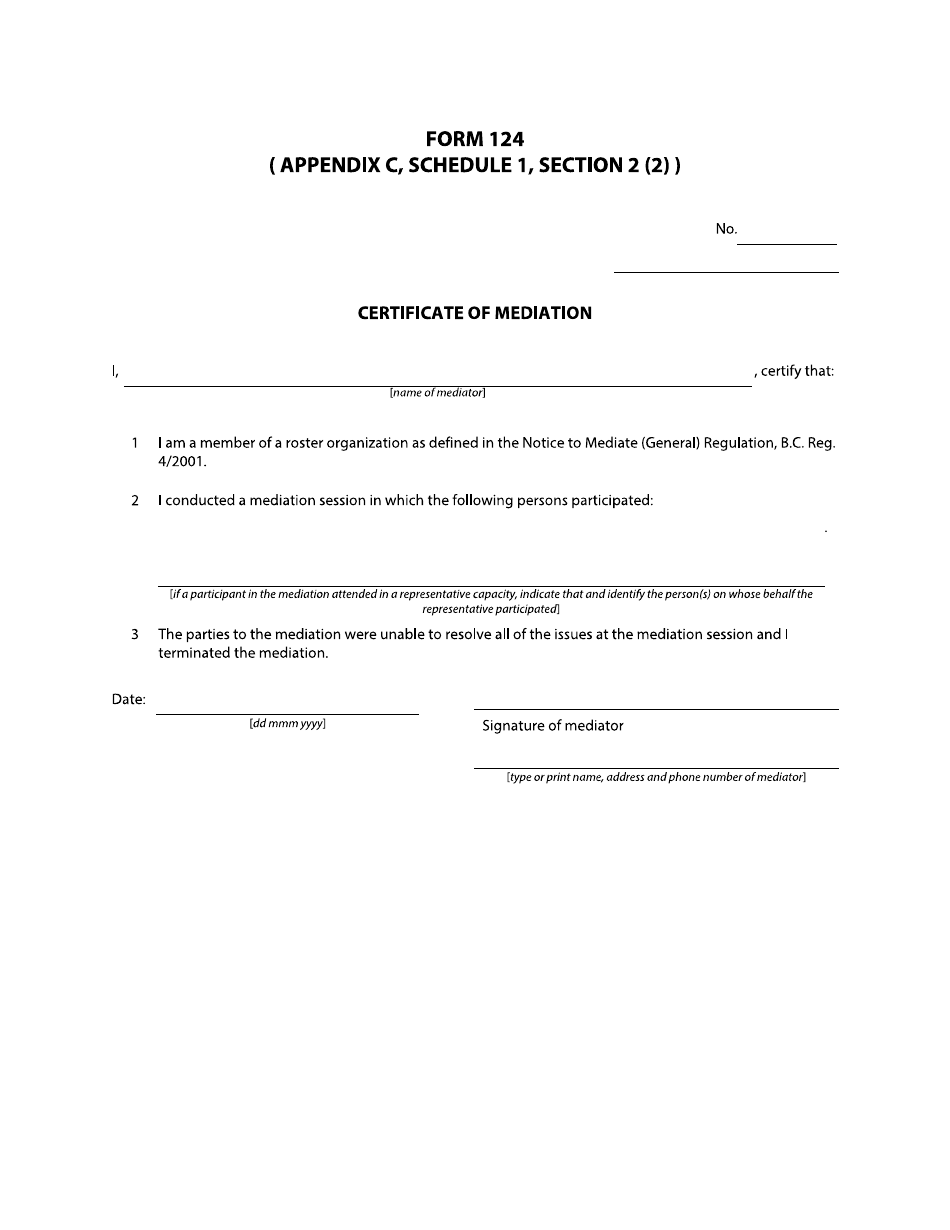 Form 124 Certificate of Mediation - British Columbia, Canada, Page 1