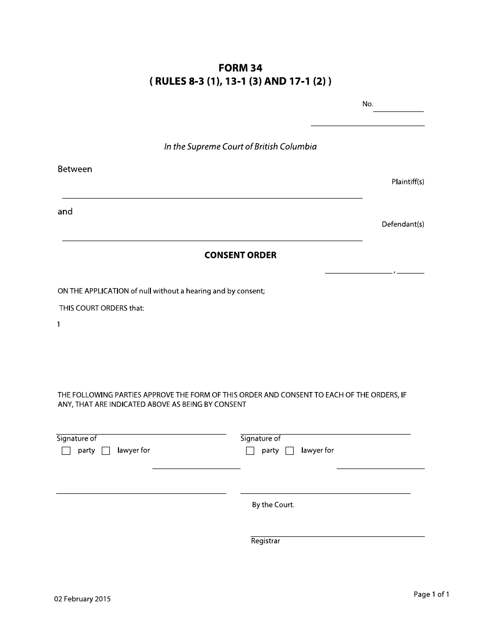 Form 34 Consent Order - British Columbia, Canada, Page 1