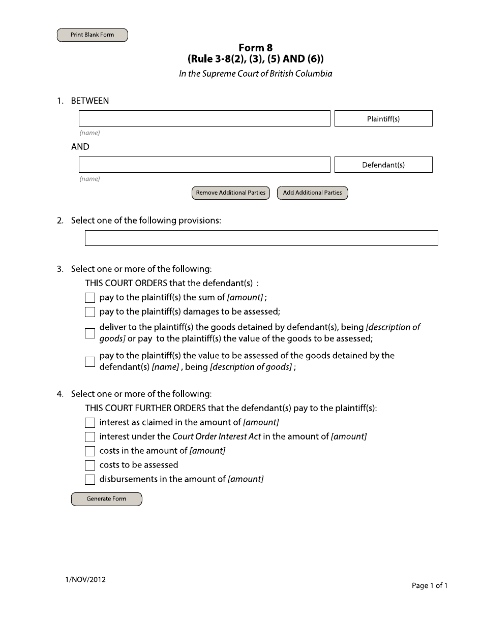 Form 8 Default Judgment - British Columbia, Canada, Page 1