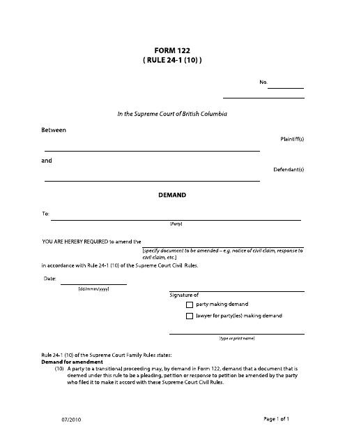 Form 122 Demand - British Columbia, Canada