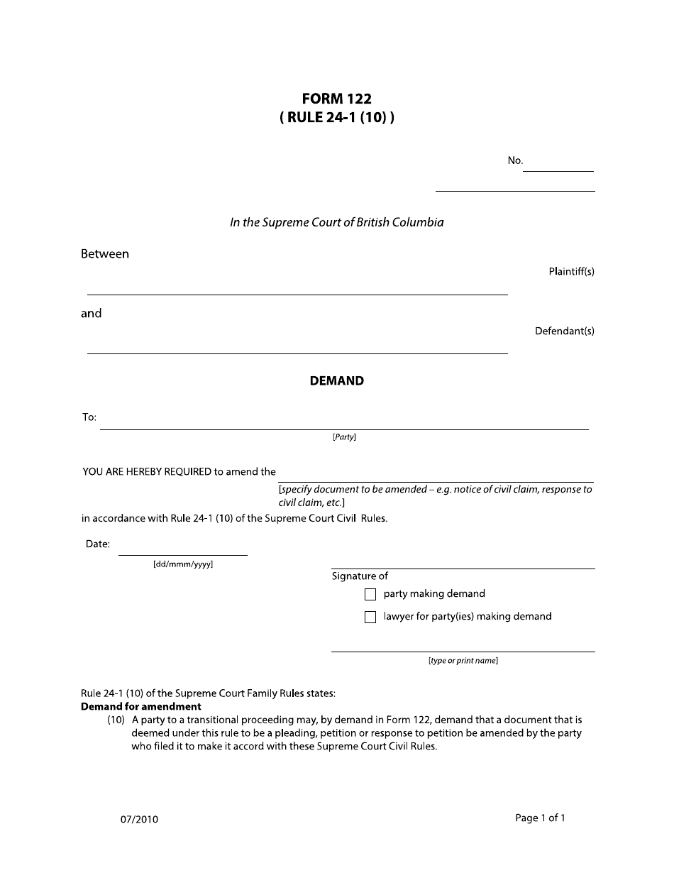 Form 122 Demand - British Columbia, Canada, Page 1