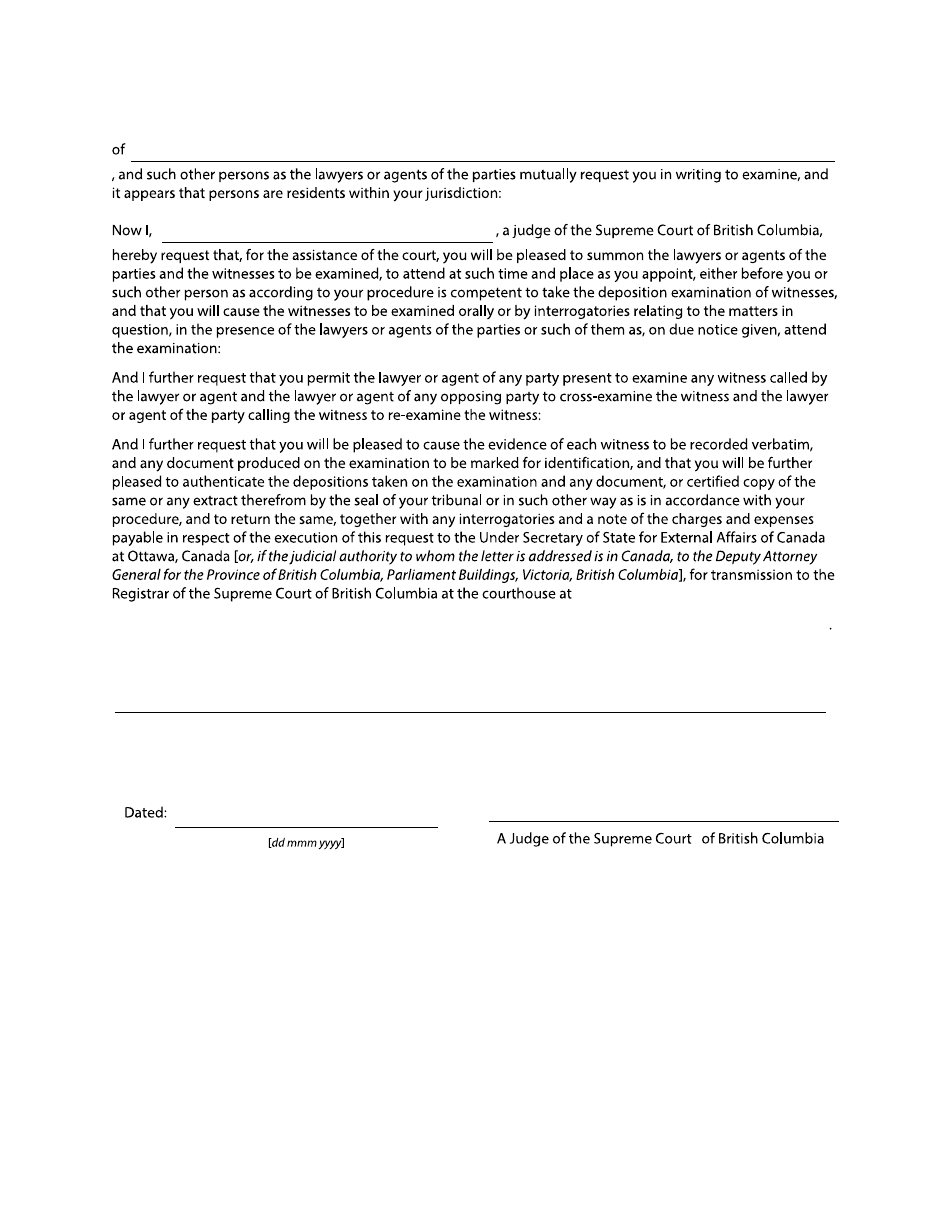 Form 30 Letter of Request for Examination of Witness out of Jurisdiction - British Columbia, Canada, Page 2