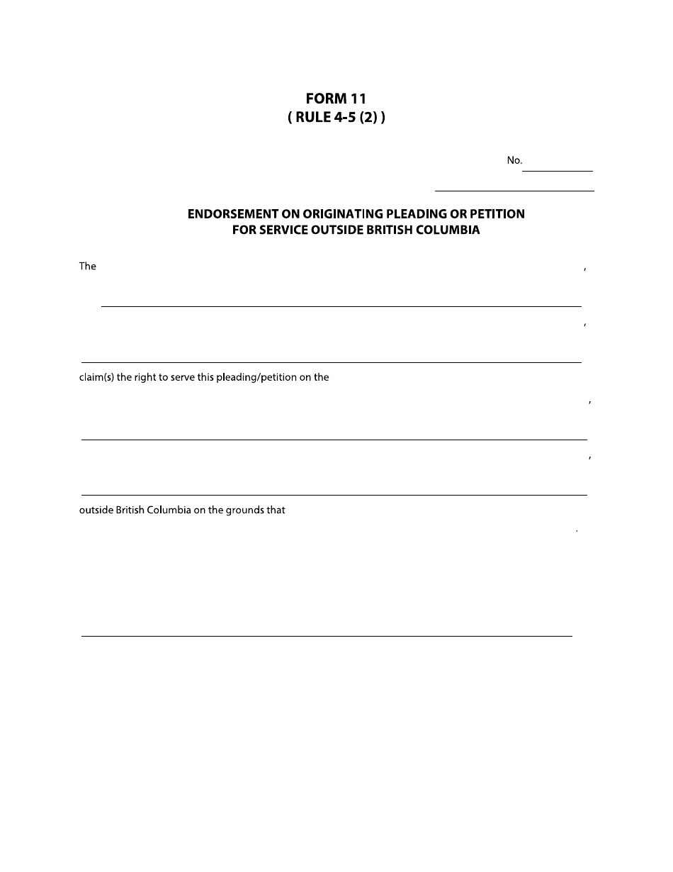 Form 11 Endorsement on Originating Pleading or Petition for Service Outside British Columbia - British Columbia, Canada, Page 1