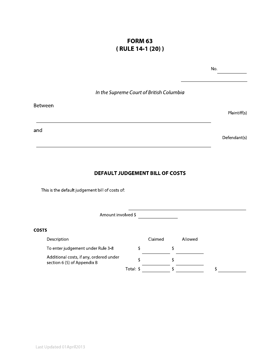 Form 63 Default Judgment Bill of Costs - British Columbia, Canada, Page 1