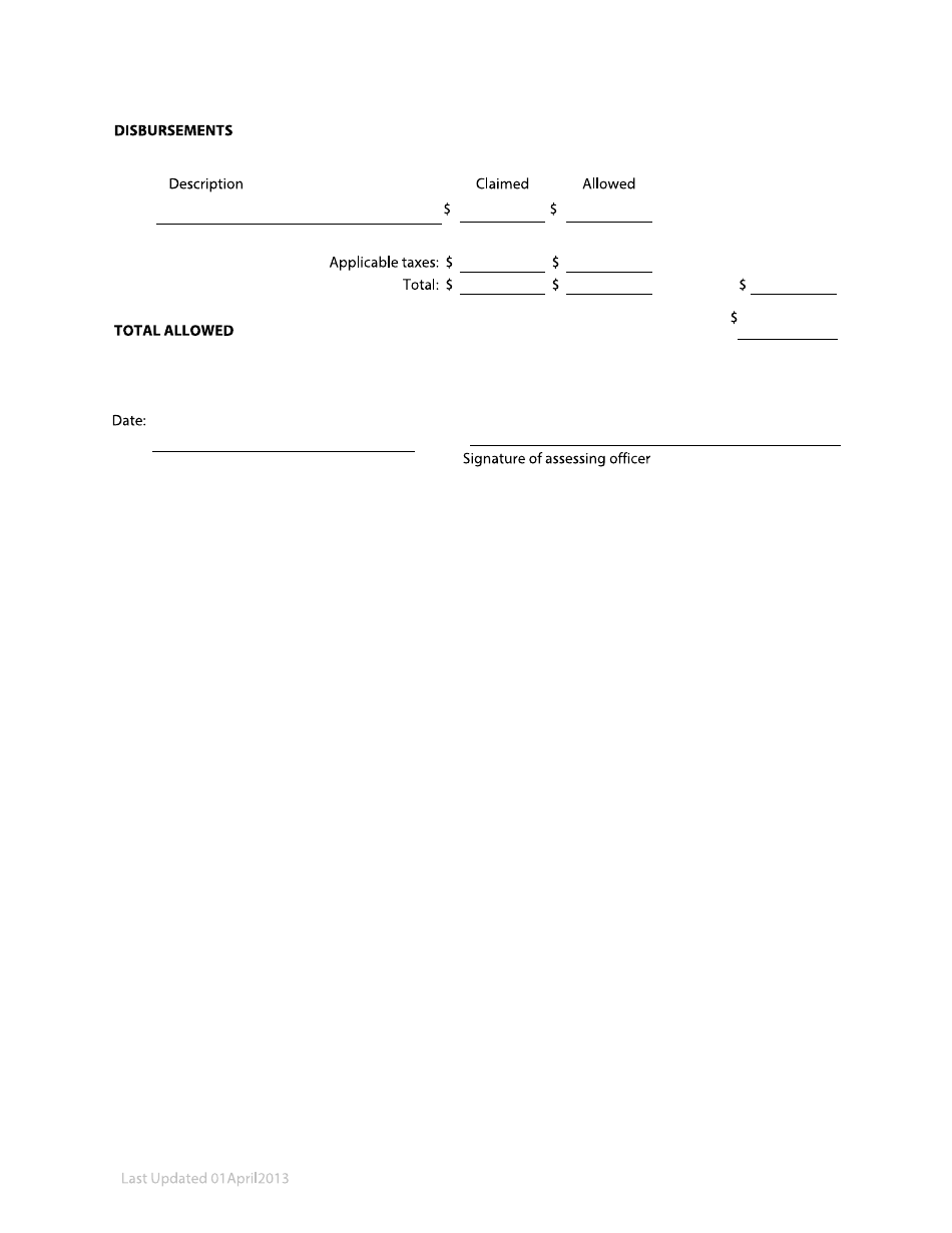 Form 63 Default Judgment Bill of Costs - British Columbia, Canada, Page 2