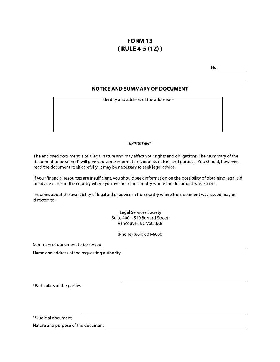 Form 13 Notice and Summary of Document - British Columbia, Canada, Page 1