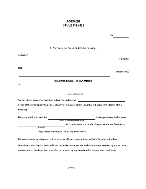Form 28 Instructions to Examiner - British Columbia, Canada