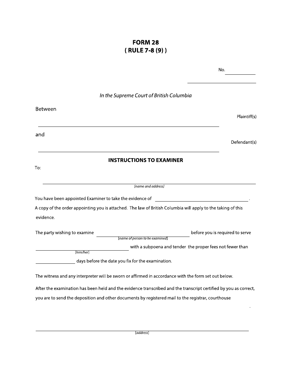 Form 28 Instructions to Examiner - British Columbia, Canada, Page 1