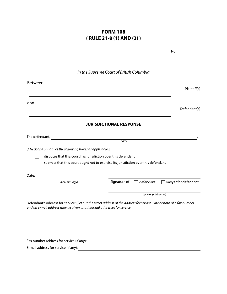 Form 108 Jurisdictional Response - British Columbia, Canada, Page 1