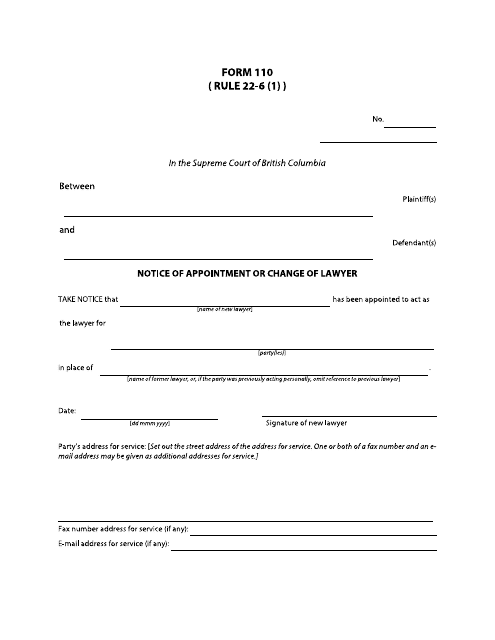 Form 110 Notice of Appointment or Change of Lawyer - British Columbia, Canada