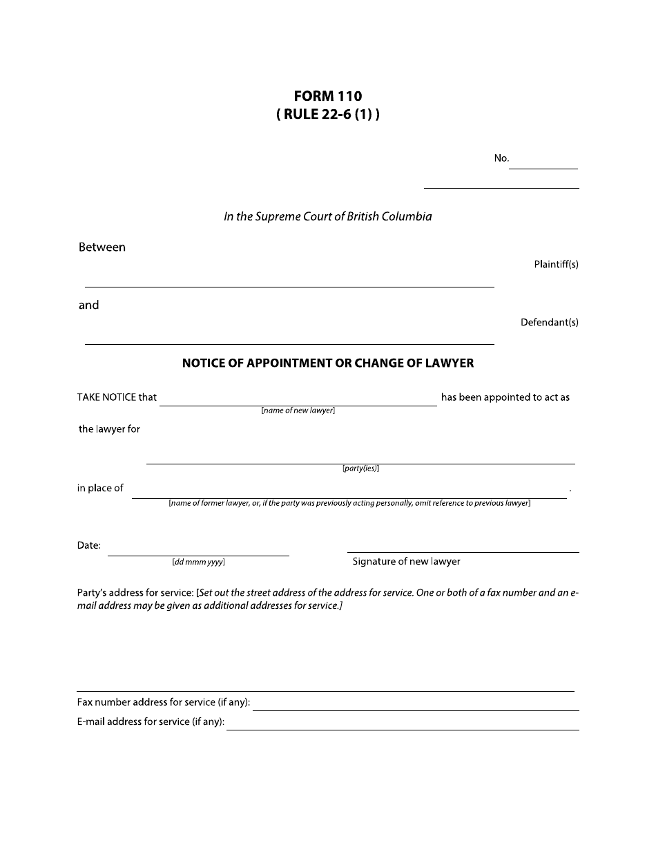 Form 110 Notice of Appointment or Change of Lawyer - British Columbia, Canada, Page 1