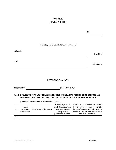 Form 22 List of Documents - British Columbia, Canada