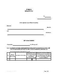 Form 22 List of Documents - British Columbia, Canada