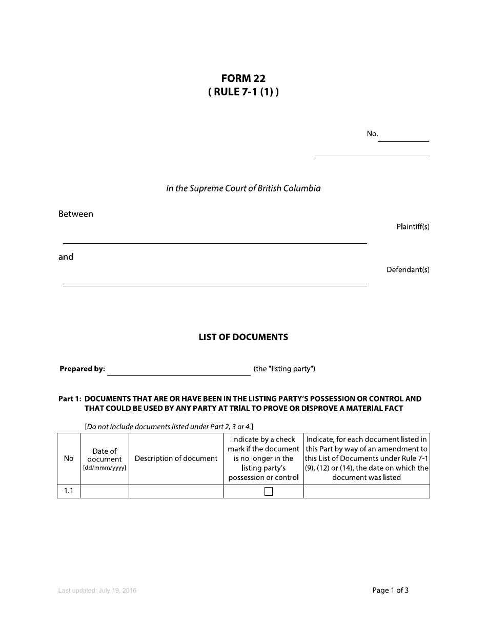 Form 22 List of Documents - British Columbia, Canada, Page 1
