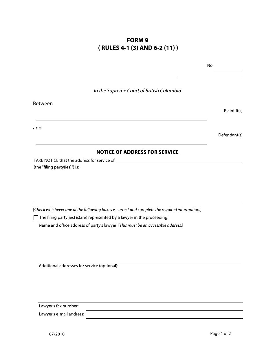Form 9 Notice of Address for Service - British Columbia, Canada, Page 1