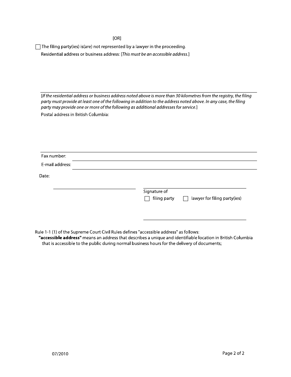 Form 9 Notice of Address for Service - British Columbia, Canada, Page 2