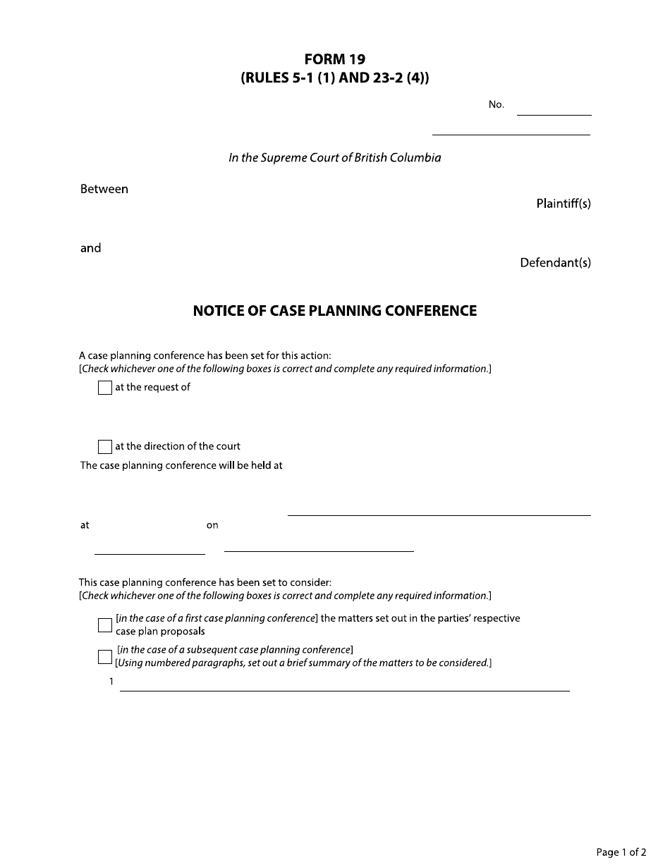 Form 19 Notice of Case Planning Conference - British Columbia, Canada, Page 1