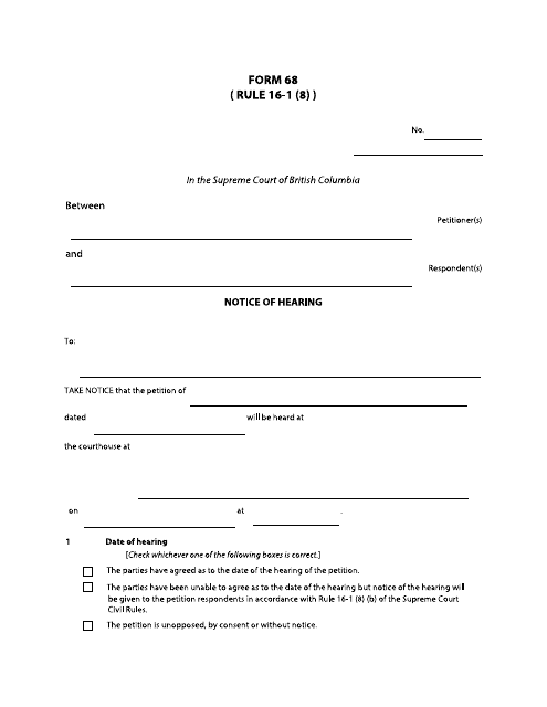 Form 68 Notice of Hearing - British Columbia, Canada