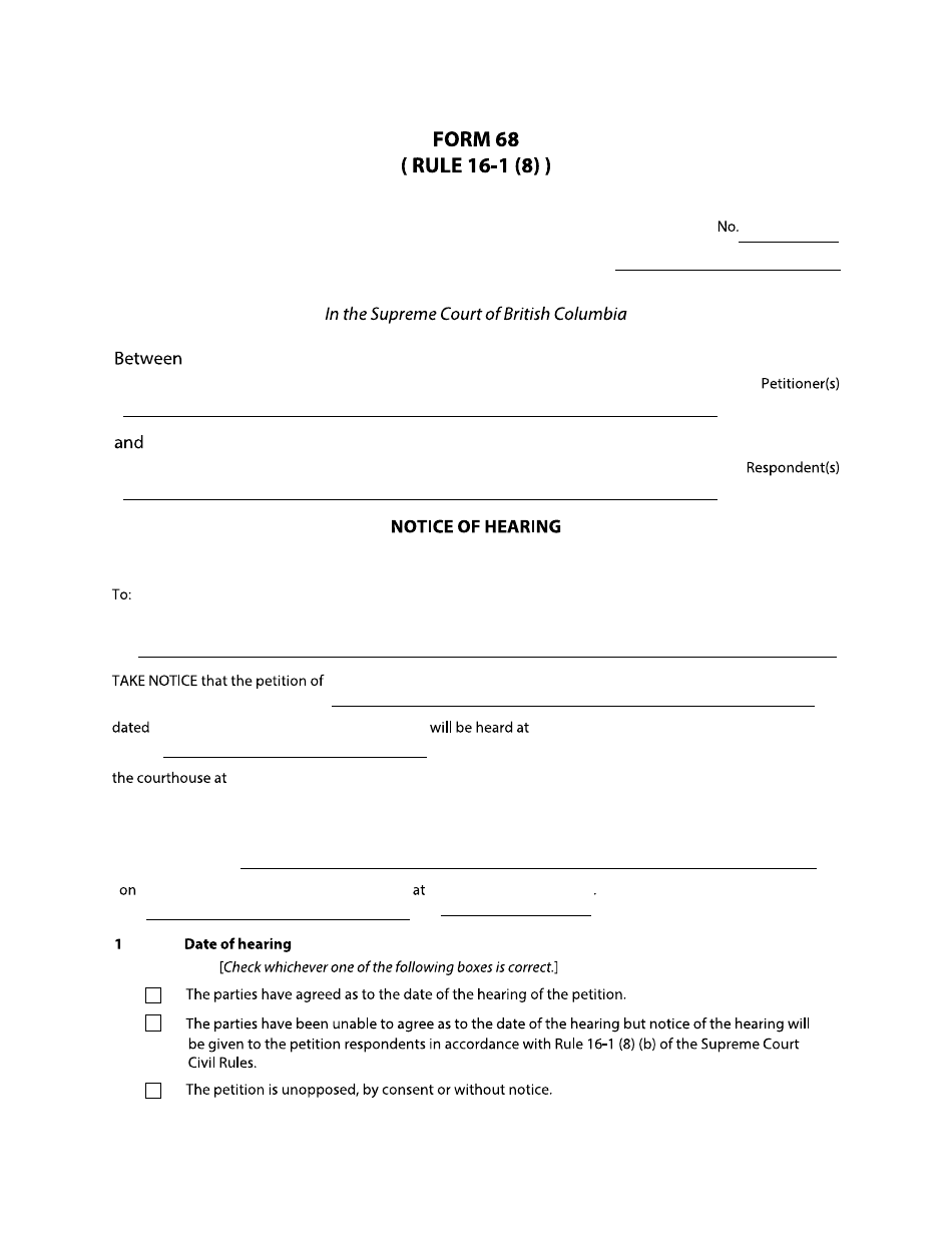 Form 68 Notice of Hearing - British Columbia, Canada, Page 1