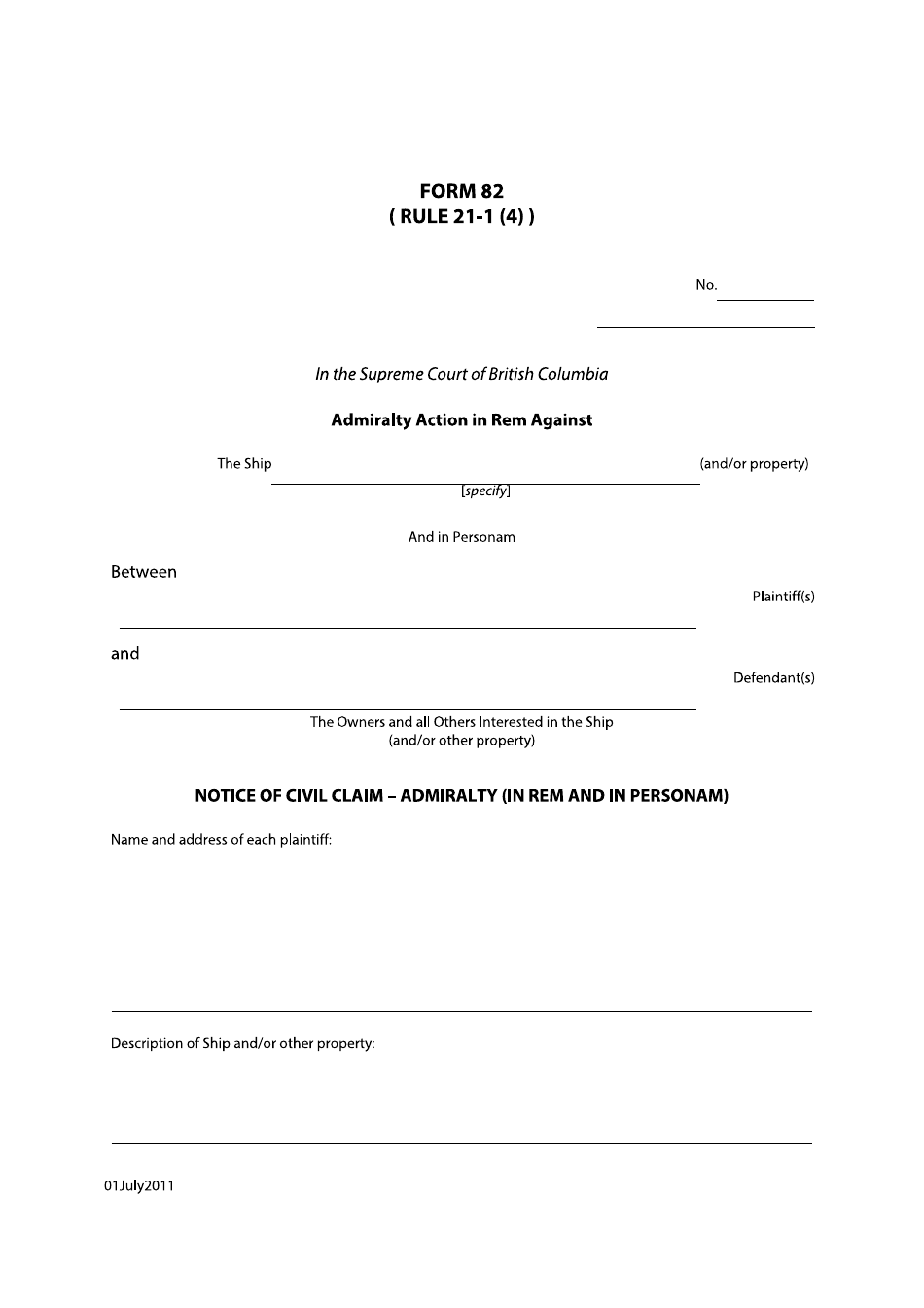 Form 82 Notice of Civil Claim - Admiralty (In Rem and in Personam) - British Columbia, Canada, Page 1