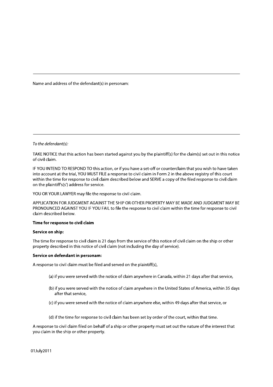 Form 82 Notice of Civil Claim - Admiralty (In Rem and in Personam) - British Columbia, Canada, Page 2