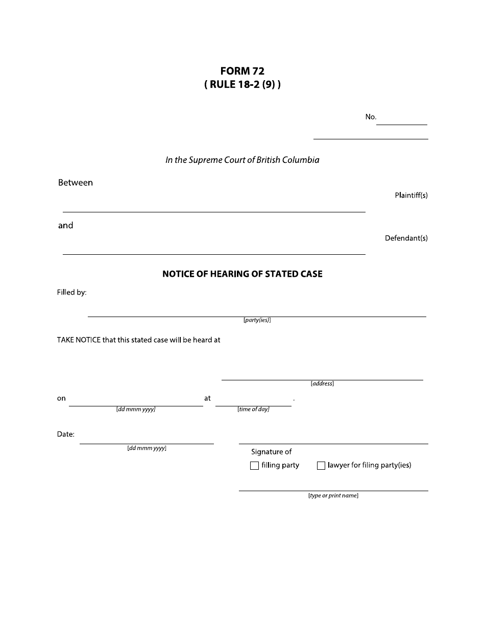 Form 72 Notice of Hearing of Stated Case - British Columbia, Canada, Page 1