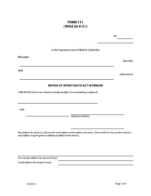Form 111 Notice of Intention to Act in Person - British Columbia, Canada