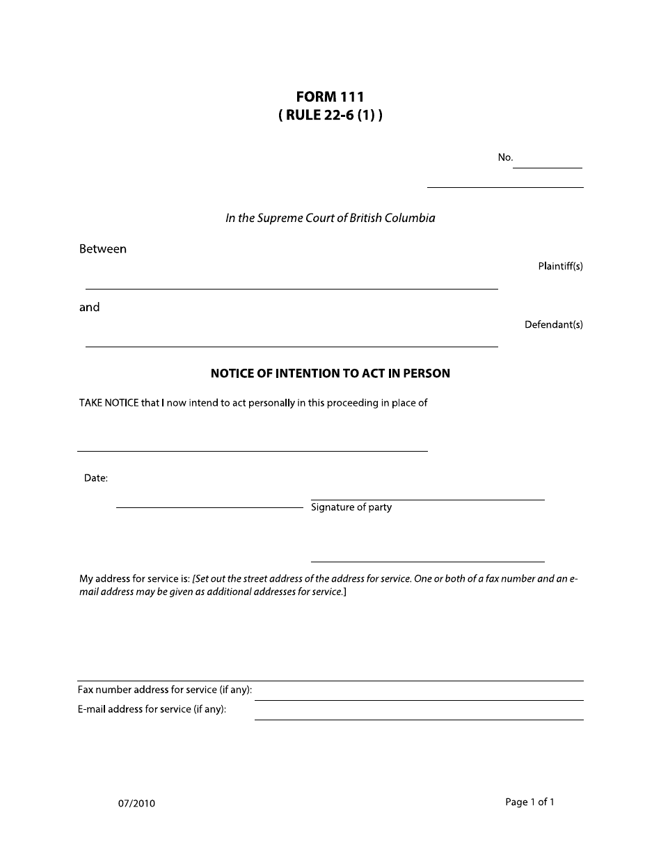 Form 111 Notice of Intention to Act in Person - British Columbia, Canada, Page 1