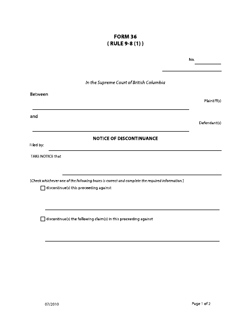 Form 36 Notice of Discontinuance - British Columbia, Canada