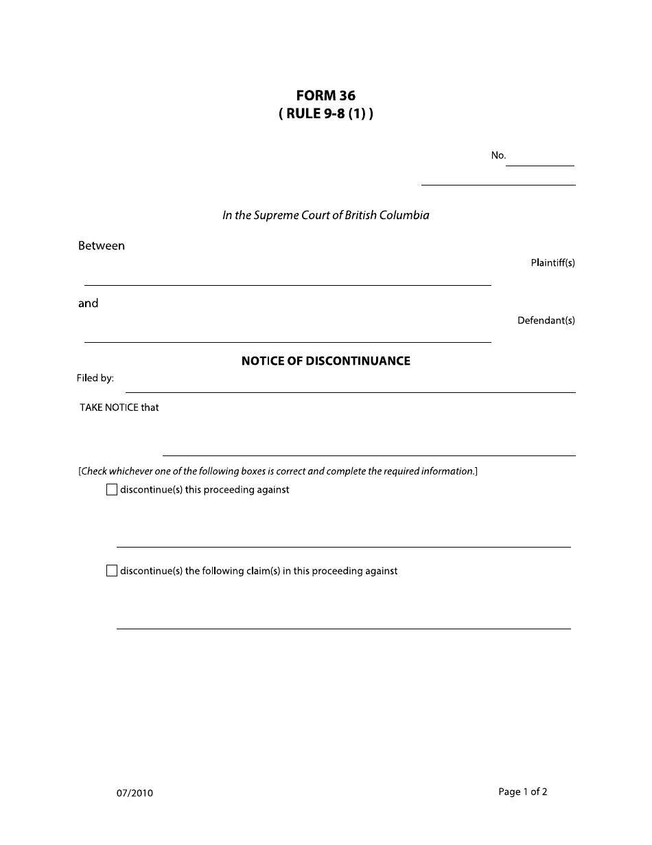 Form 36 Notice of Discontinuance - British Columbia, Canada, Page 1