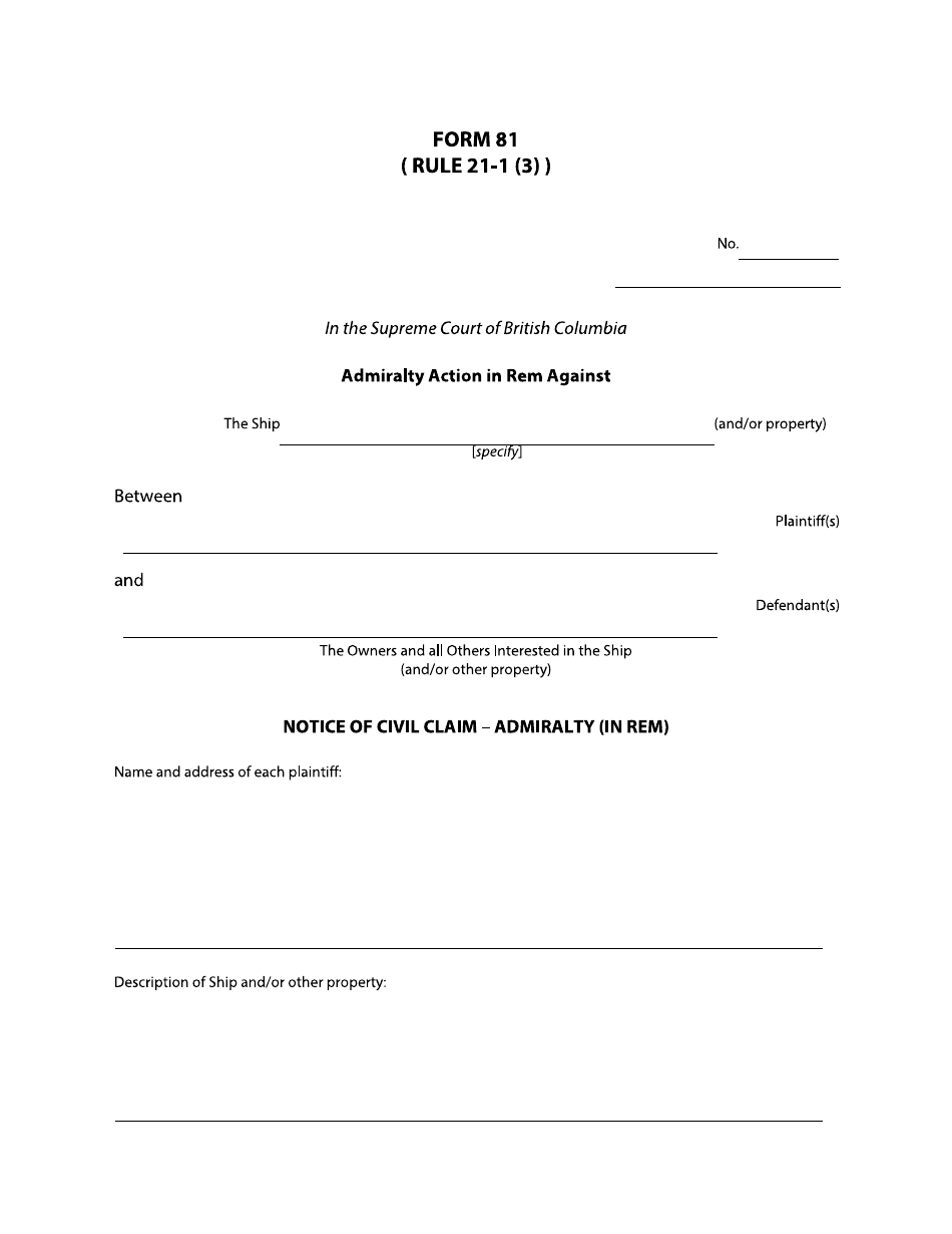 Form 81 Notice of Civil Claim  Admiralty (In Rem) - British Columbia, Canada, Page 1