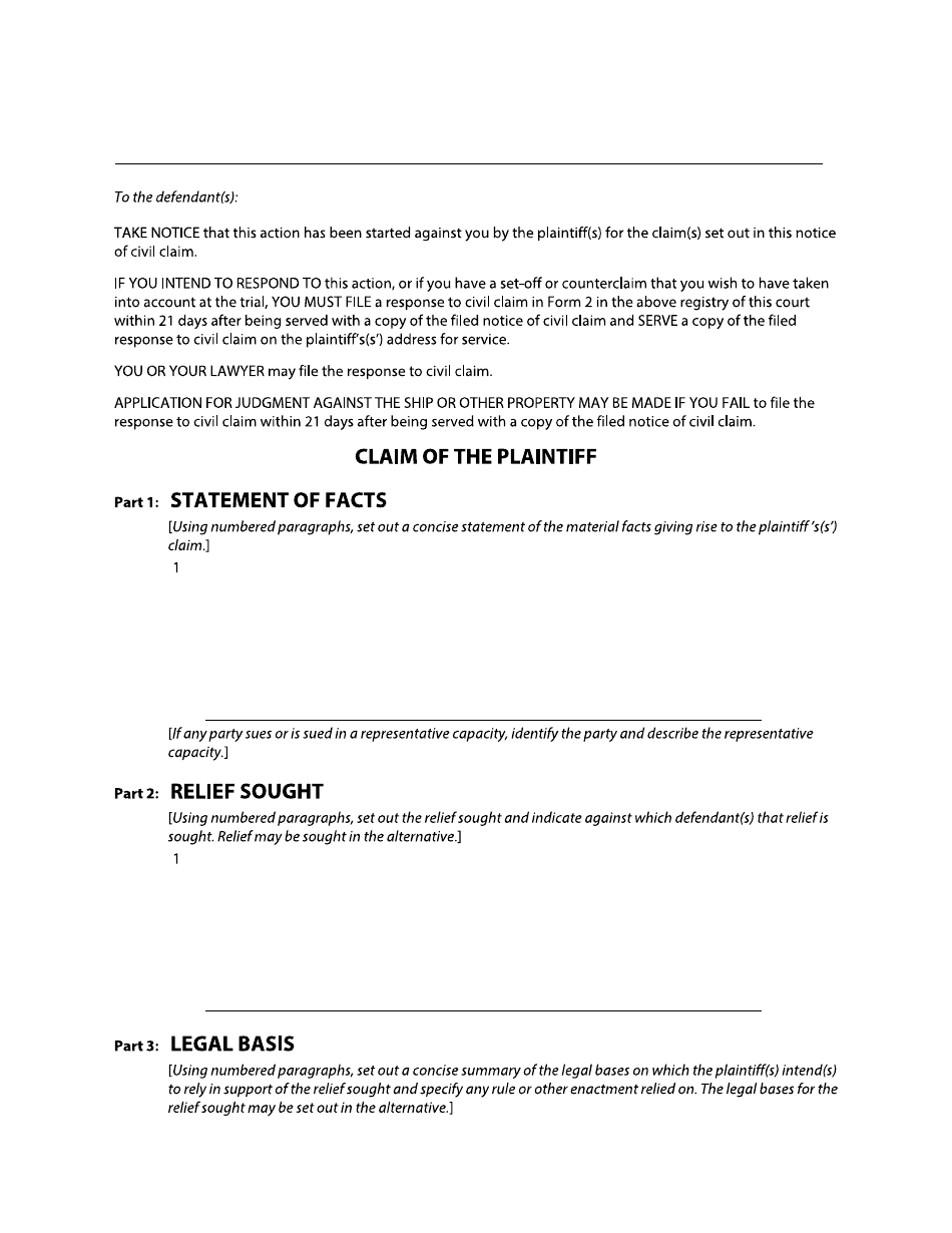 Form 81 Notice of Civil Claim  Admiralty (In Rem) - British Columbia, Canada, Page 2