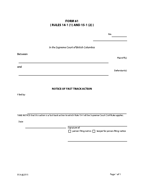 Form 61 Notice of Fast Track Action - British Columbia, Canada