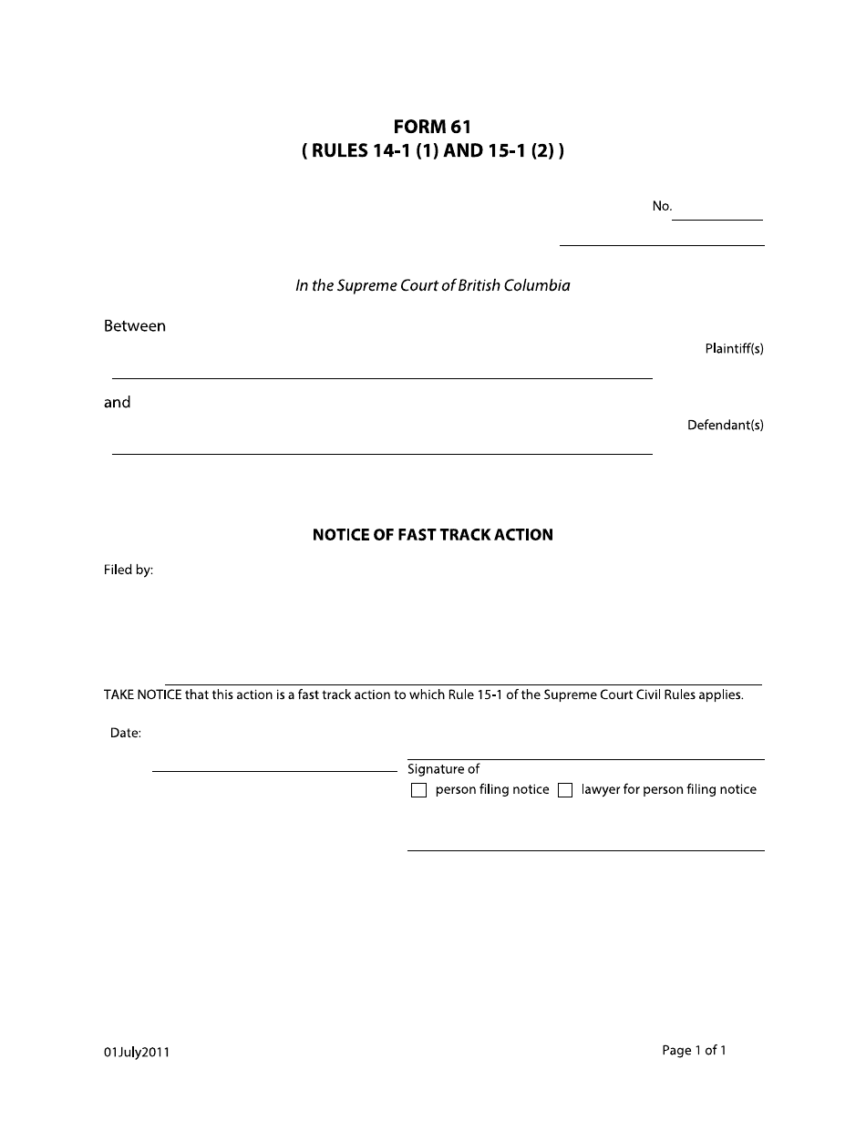 Form 61 Notice of Fast Track Action - British Columbia, Canada, Page 1