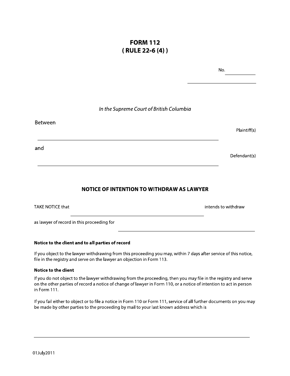 Form 112 Notice of Intention to Withdraw as Lawyer - British Columbia, Canada, Page 1