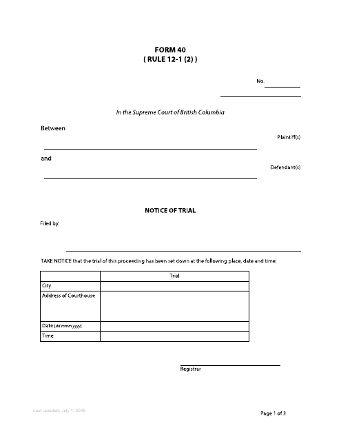 Form 40 Notice of Trial - British Columbia, Canada