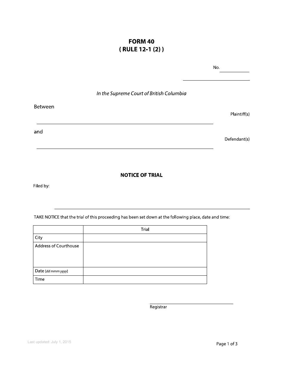 Form 40 Notice of Trial - British Columbia, Canada, Page 1